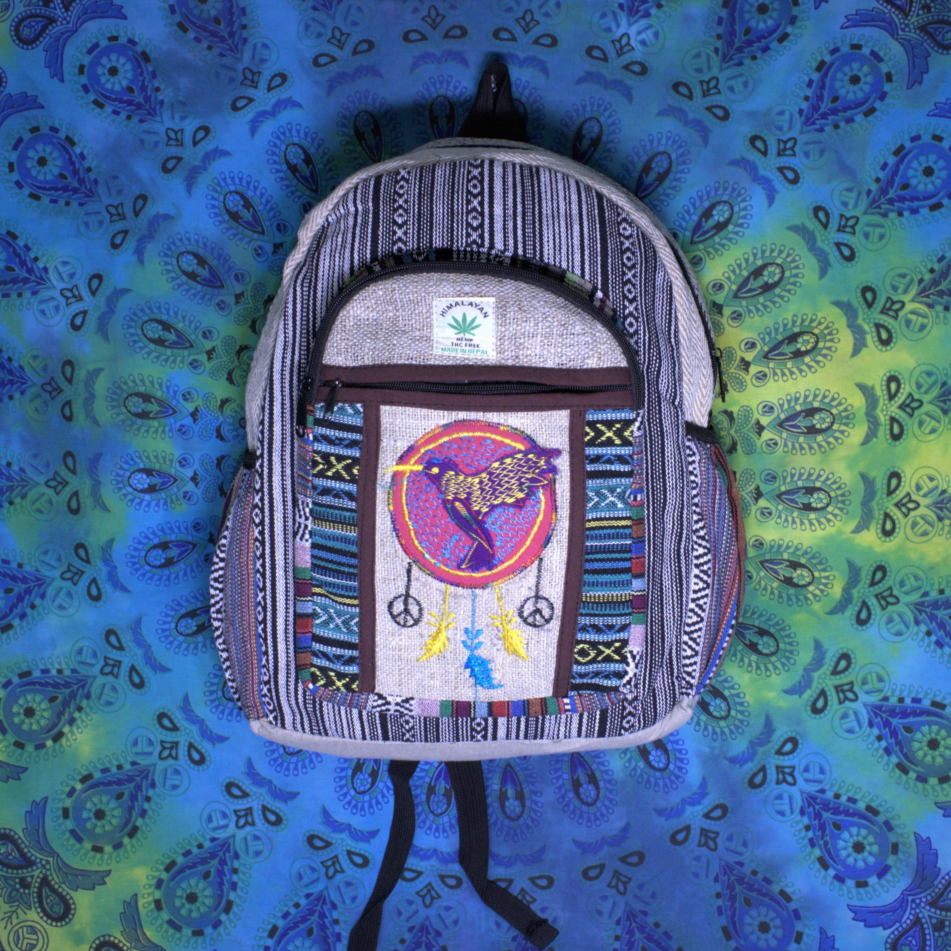 Large Pure Hemp Backpack  | Bird Patchwork