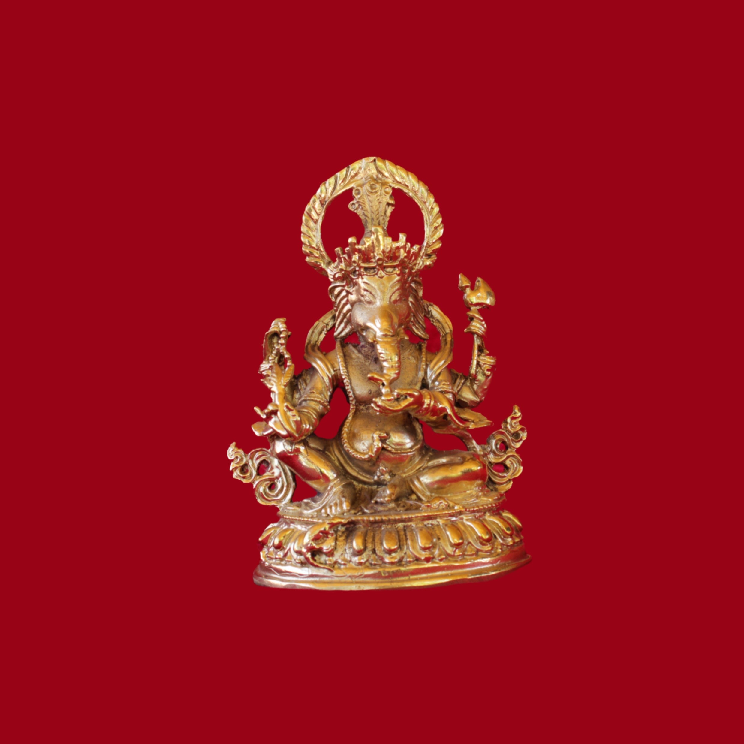 Gold Bronze Ganesh Statue Sitting in Lotus