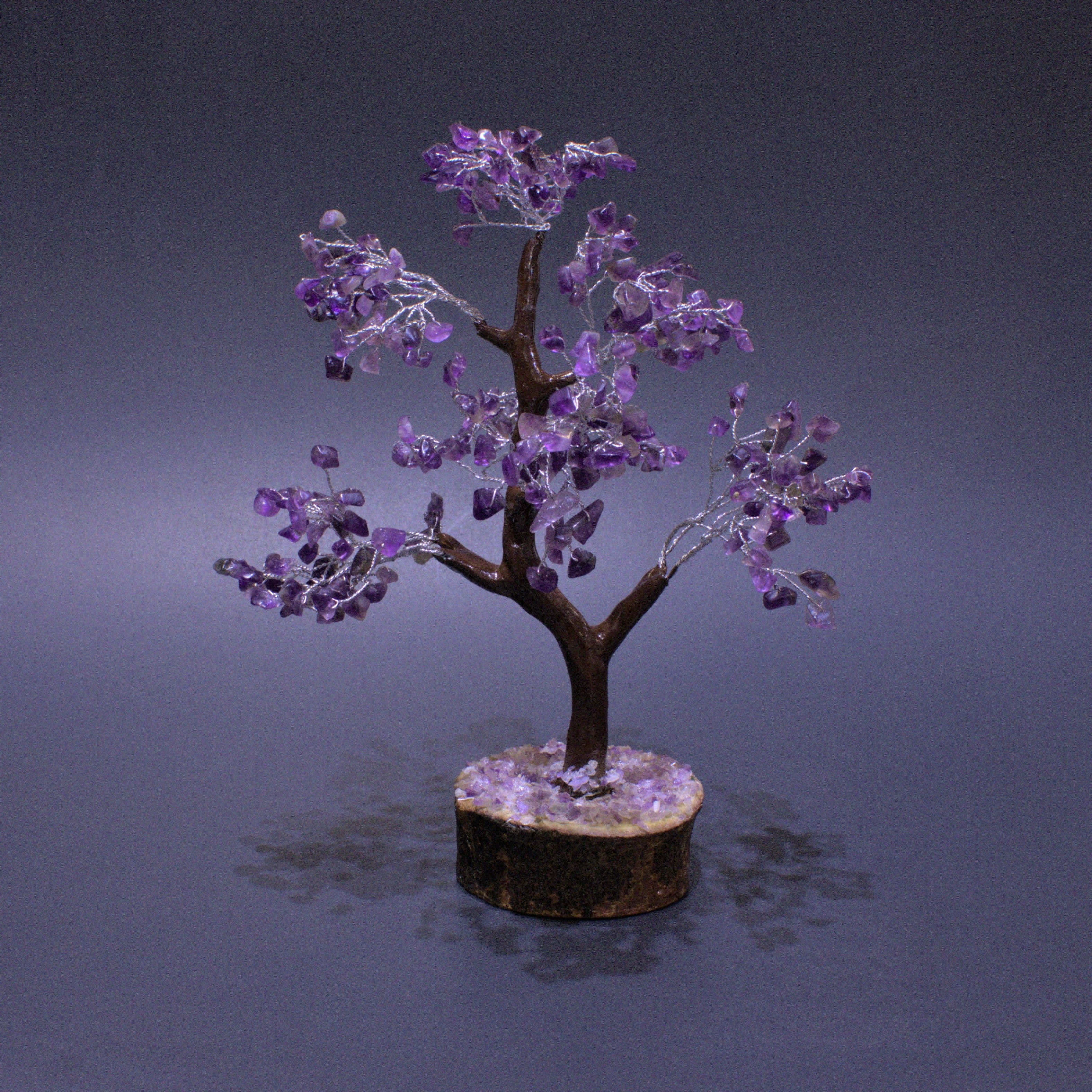 Tree of Life Natural Gemstone Amethyst on Wood Base